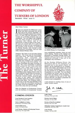 February 2000 issue (No. 15) includes: John Slater – Master’s Letter; Rob Lucas & Christopher Roberts – Court Assistants; Launch of Bursary programme; Malcolm Cobb RPT.